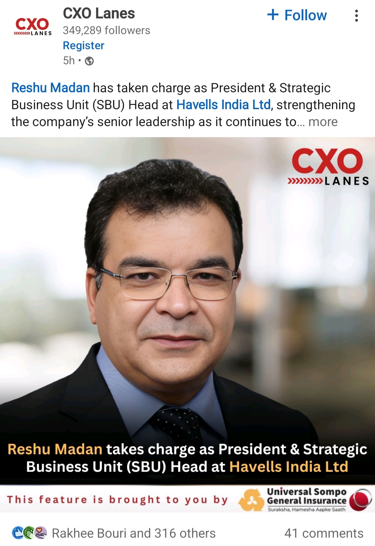 Example of CXO Lanes LinkedIn post with logo placement featuring Universal Sompo General Insurance sponsorship